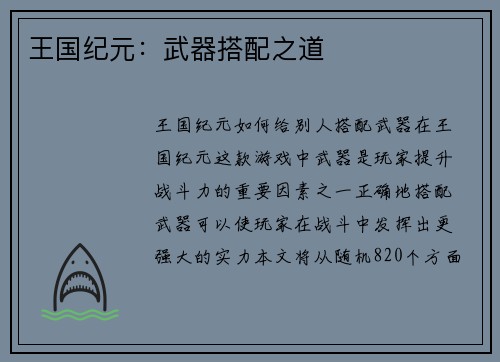 王国纪元：武器搭配之道